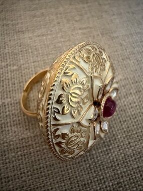 Gold-Tone Floral Enamel Cocktail Ring with Stone - Adjustable